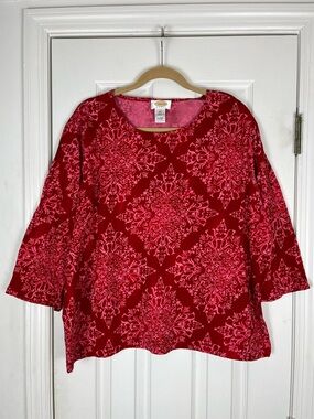 Talbots Woman Red/Pink Floral Damask Scroll 3/4 Sleeve Top 3X 100% Pima Cotton